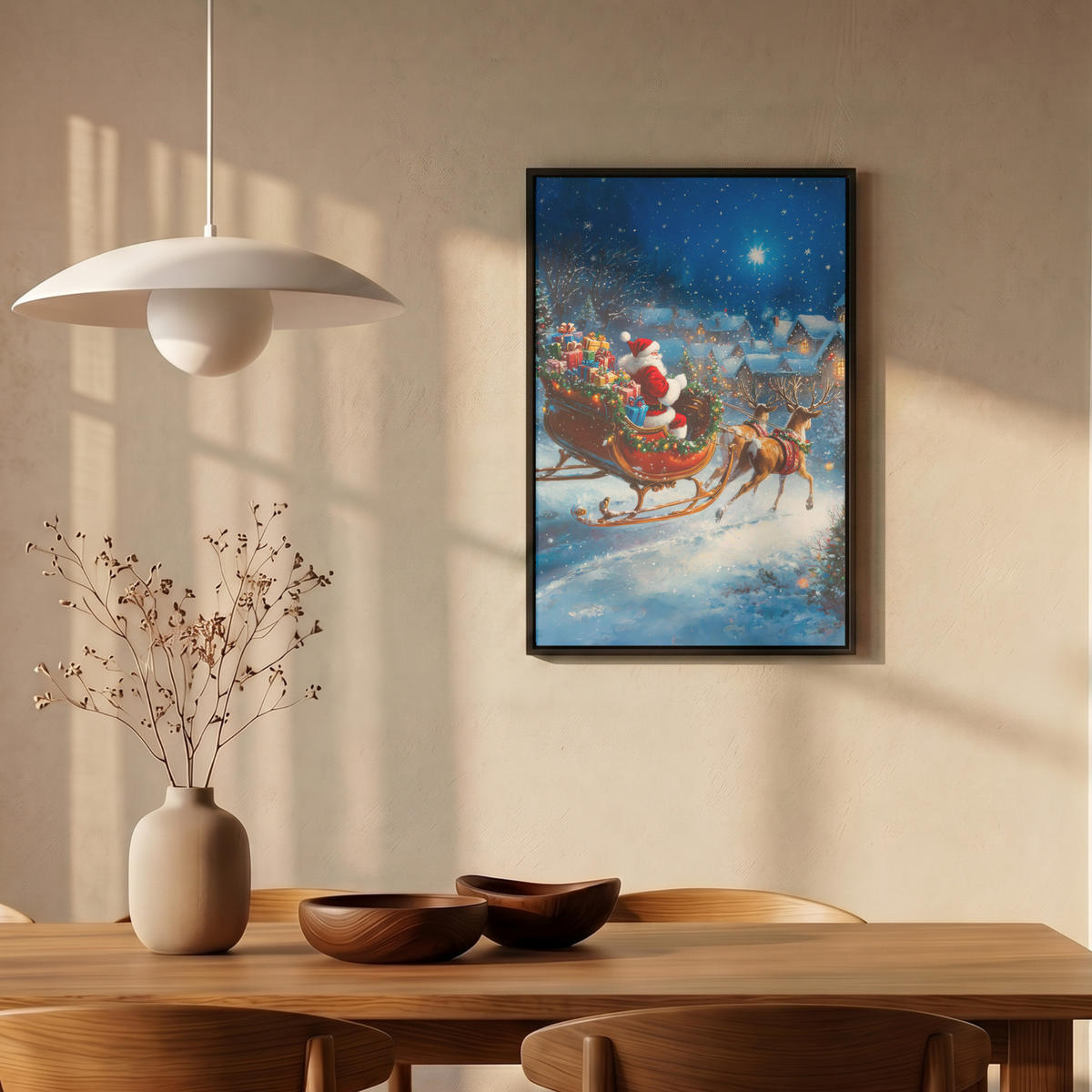 LEINWAND Bilder mit Rahmen - Weihnachtsmann - Rentier - Weihnachten - Schnee - 40x60 - Cognac, Textil (40/60cm) - MuchoWow