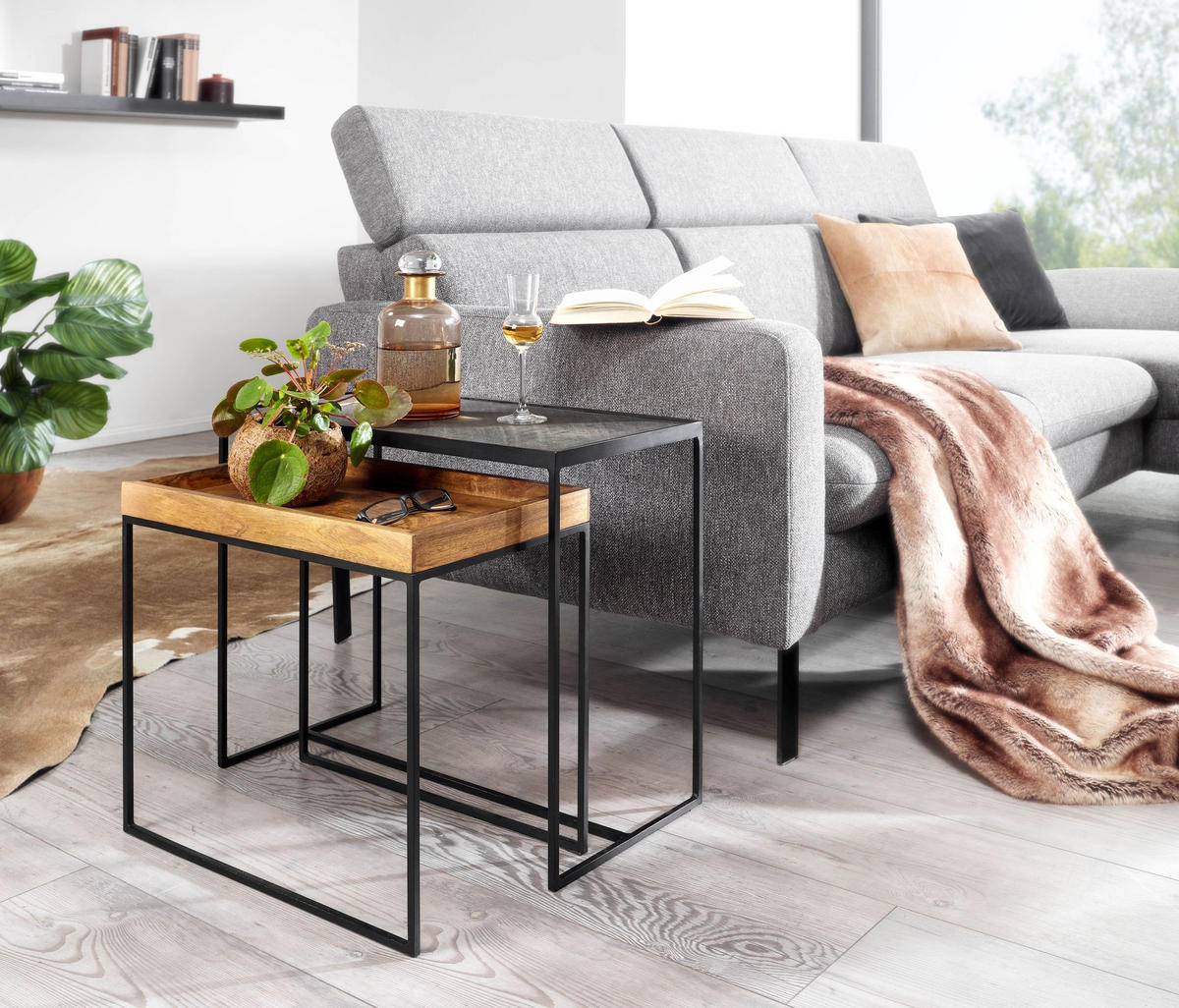 COUCHTISCH eckig 2er-Set FERRIS Holz - Schwarz, Stein (60/30/50cm) - tinkaro