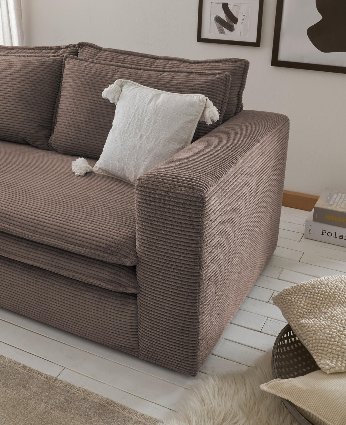 SOFA-SET braun Cord, Couch 2-Sitzer inklusive Hocker - Beige/Braun, Holz/Textil (180/83/161cm) - Furn.Design