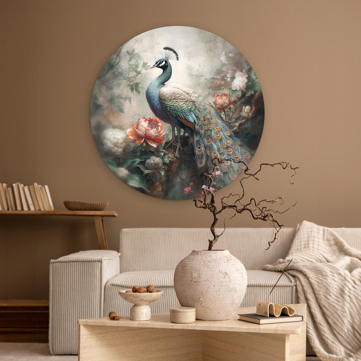 WANDBILD Pfau - Pfauenfedern - Vogel - Dschungel - Blumen 90x90 cm - Smaragdgrün, Kunststoff (90/90cm) - MuchoWow