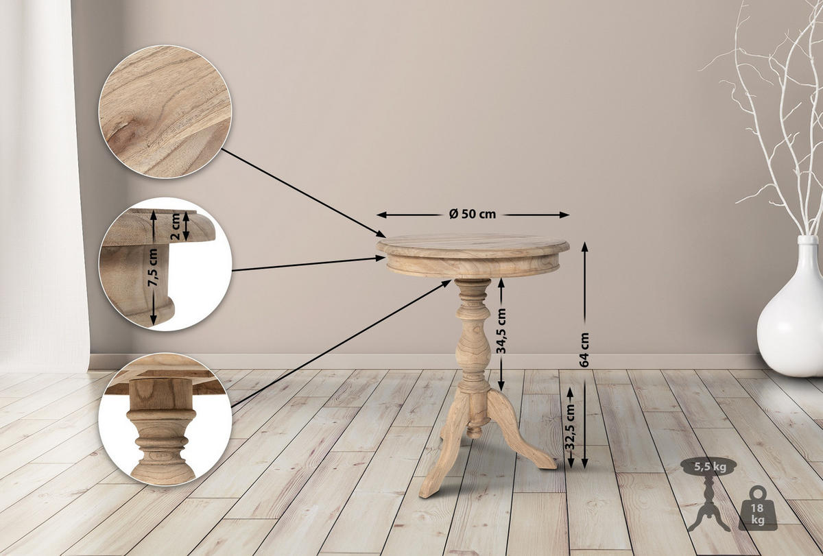 BEISTELLTISCH rund 50 cm Holz Natura - Eukalyptusholzfarben, Holz (50/50/64cm) - CLP