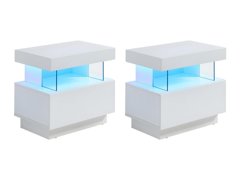 2ER-SET Nachttische mit 1 Schublade & 1 Ablage + LEDs - MDF - Weiß lackiert - FABIO II - Weiß, Holz (39/52/57cm) - Vente-Unique