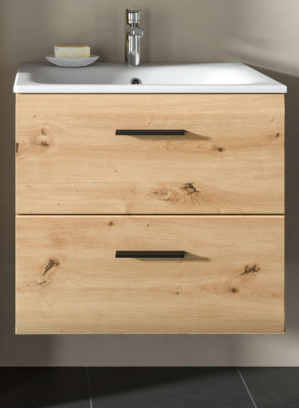 WASCHTISCH inklusive Waschbecken, Waschbeckenunterschrank Eiche hängend 60 cm - Schwarz/Eiche Artisan, Keramik/Holzwerkstoff (60/55/46cm) - Inn.Furn