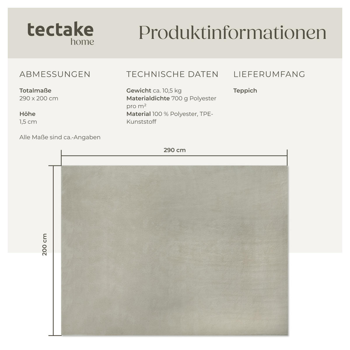 KURZFLORTEPPICH Soft Zone,rutschfeste Unterseite,Sand - Sandfarben, Kunststoff (290/200cm) - tectake