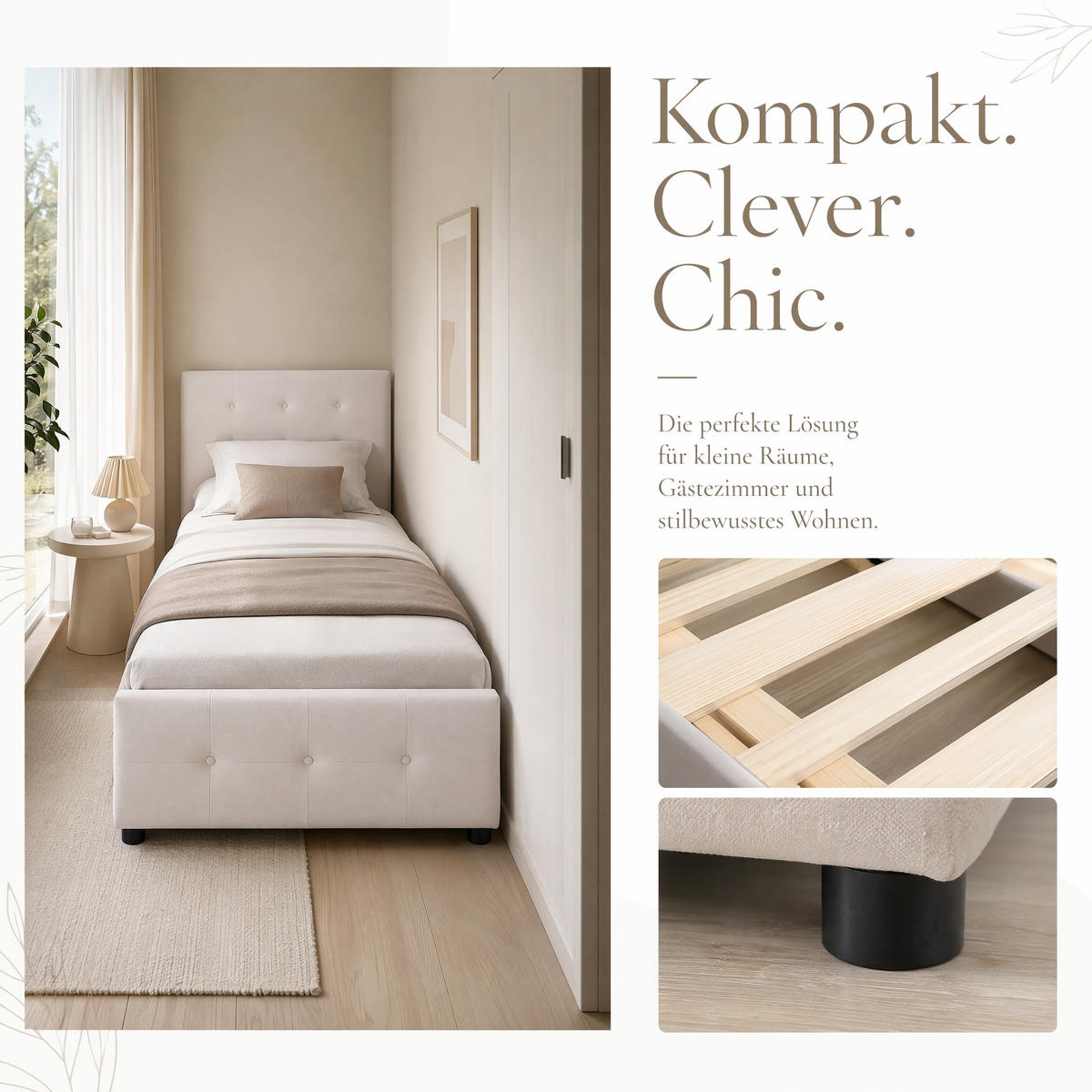 EINZELBETT 90x200 Samt Mit Stauraumschublade Stabil Lattenrost - Creme, Holz