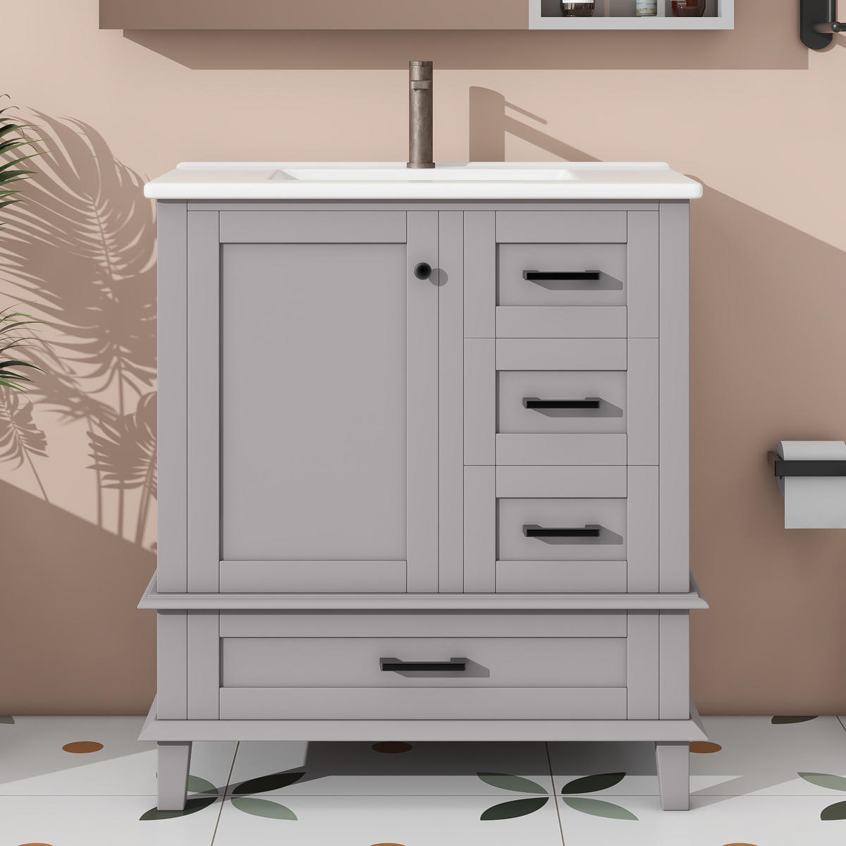 WASCHTISCHKOMBI mit Keramikbecken 76x46x83.5cm in Grau, 1 Schublade & 3 Türen - Grau, Holzwerkstoff (76/83.5/46cm) - Modfu