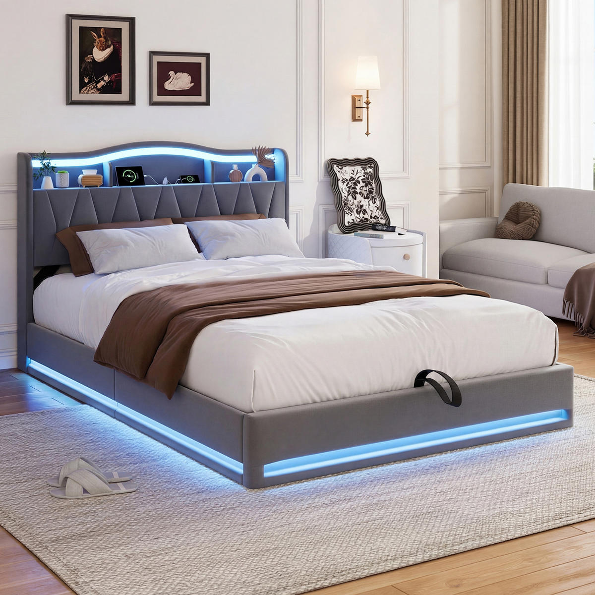 POLSTERBETT 140/200 cm Grau mit Bettkasten und LED-Beleuchtung - Grau, Holz (140/200cm) - SHOPENTRA