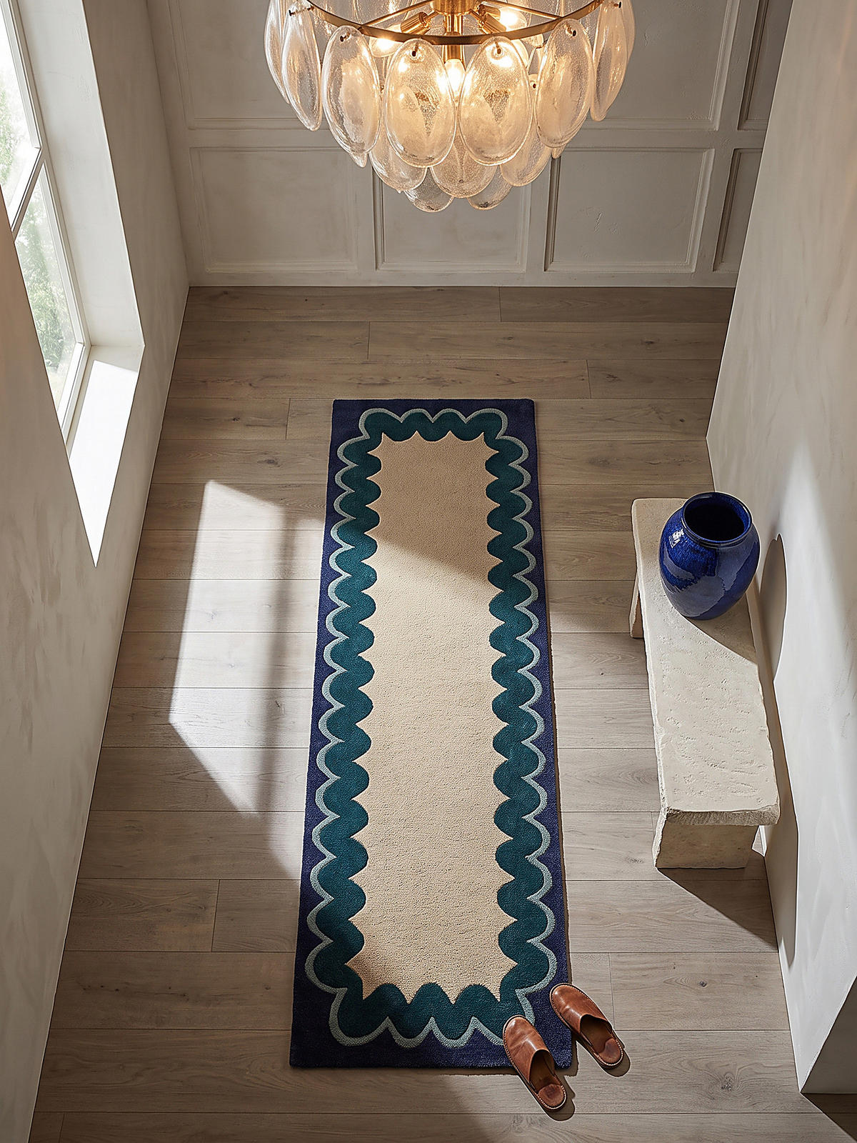 LÄUFER handgetuftet WAVENEY, in Petrol, Zickzack-Wellenbordüre, 80 x 230 cm - Türkis, Textil (80/230cm) - KADIMA DESIGN