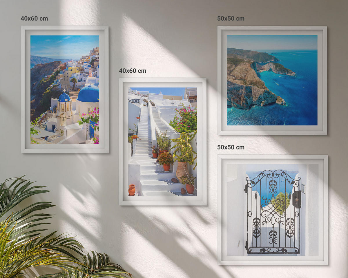 WANDBILDER 4er-Set - 50x50 cm & 40x60 cm Weißer Rahmen - Griechische Architektur auf Santorin, Oia - Weiß, Kunststoff (50/50cm) - ArtPrintCave
