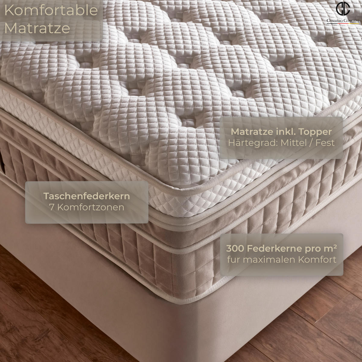 BOXSPRINGBETT MIT BETTKASTEN BRISE 180/200 cm, Greige, Bettkasten, Matratze, Topper integriert, H3 mittel 7-Zonen Matratze - Greige/Schwarz, Holz/Kunststoff (180/200cm) - Consilio Concept