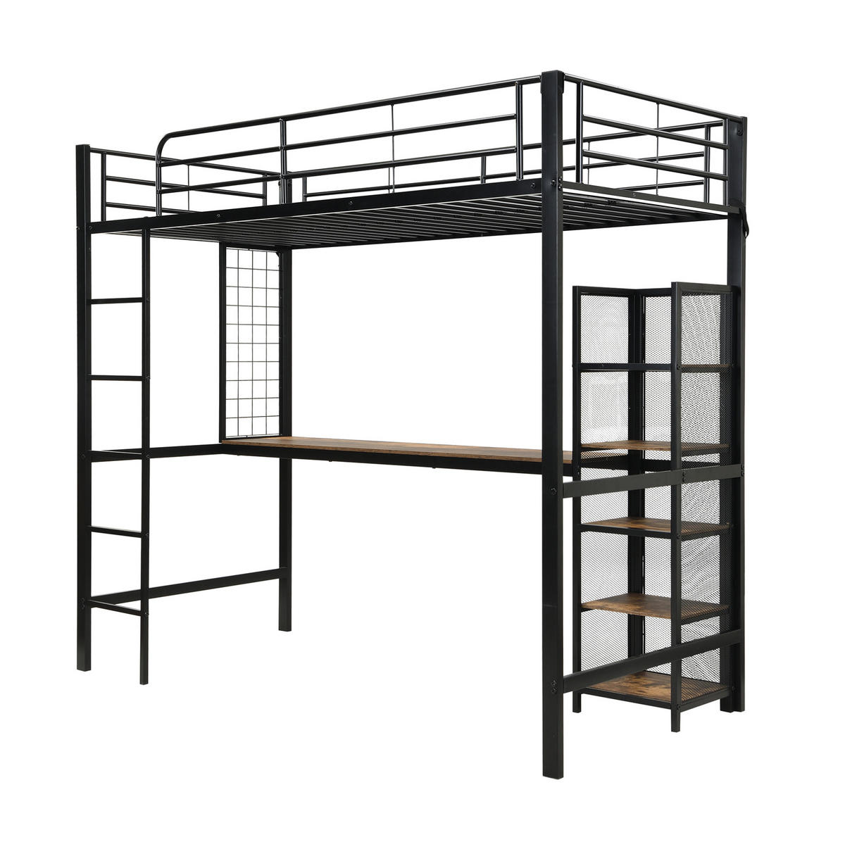 HOCHBETT aus Metall und MDF 90x200 cm Schwarz-Dunkle Holzfarbe mit Schreibtisch, 5-stufigem Regalschrank und Metallgitter - Schwarz, Holzwerkstoff (90/200cm) - Modfu