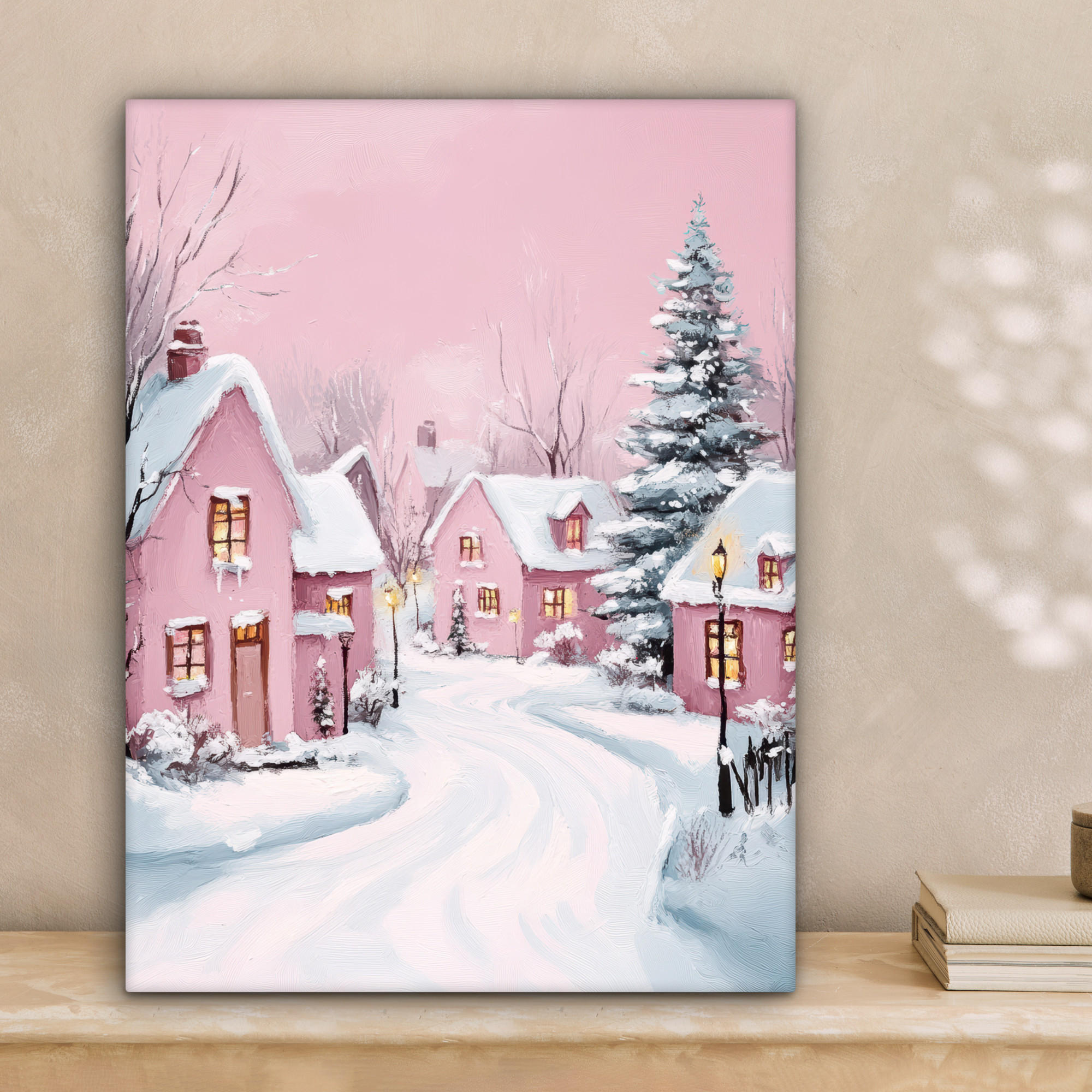 LEINWANDBILD Weihnachtsdorf - Rosa - Winter - Schnee - Häuser 30x40 cm - Altrosa, Textil (30/40cm) - MuchoWow