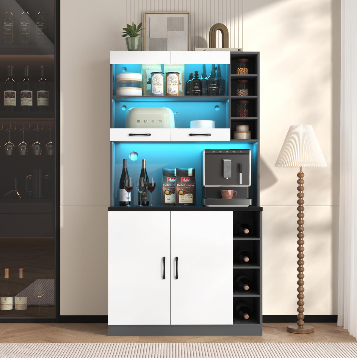 KÜCHENSCHRANK mit LED 100 x 47 x 187 cm MDF Weiß/Grau 3-türig - Weiß, Holzwerkstoff (47/187/100cm) - Meubliv