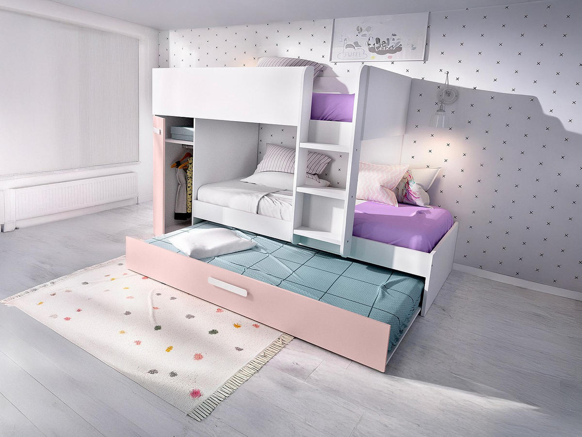 ETAGENBETT Ausziehbett mit Stauraum + Matratzen - 3x 90 x 190 cm - Weiß, Naturfarben & Rosa - ANTHONY - Pink/Weiß, Holz (97/243cm) - Vente-Unique