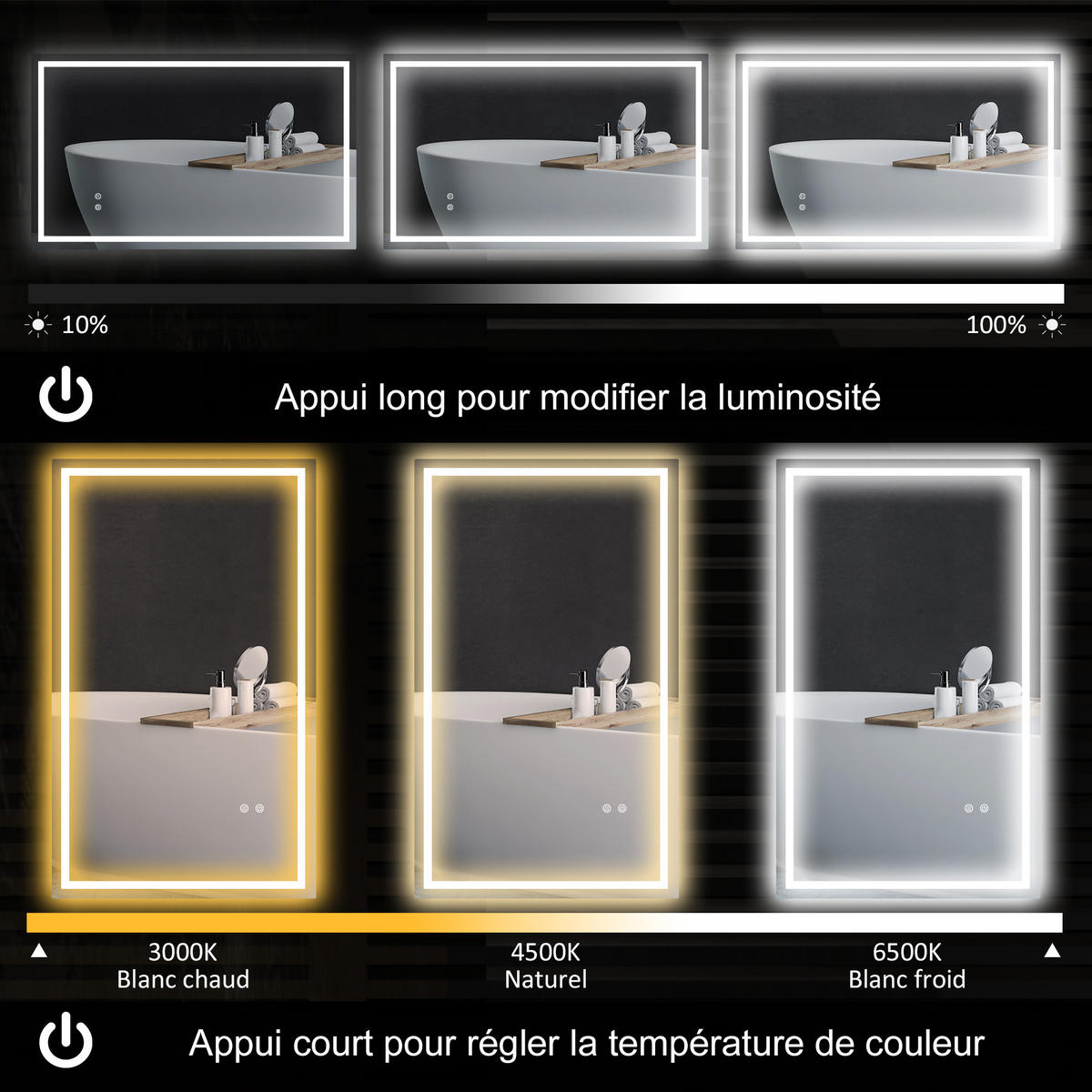 BADSPIEGEL mit Wandbeleuchtung, Touch-Schalter, 3-farbiger Beleuchtung, 80 x 100 cm - Transparent, Glas (100/60/3cm) - Vallsero