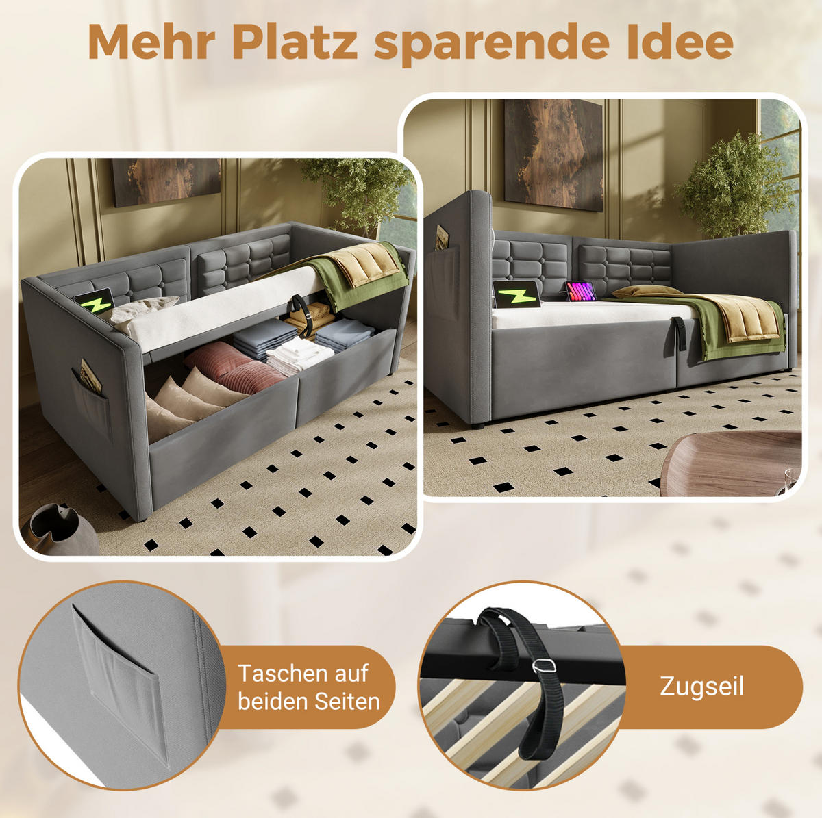 POLSTERBETT aus Samt 90x200 cm in Grau mit Stauraum & Ladestation - Grau, Textil (90/200cm) - Modfu