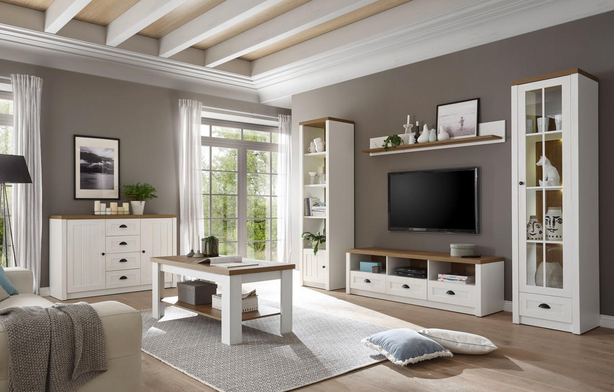 WOHNWAND weiß Pinie, Eiche hell 4-teilig 270 cm, Wohnkombination Landhaus-Stil - Eichefarben/Schwarz, Holzwerkstoff/Kunststoff (270/198/43cm) - Furn.Design