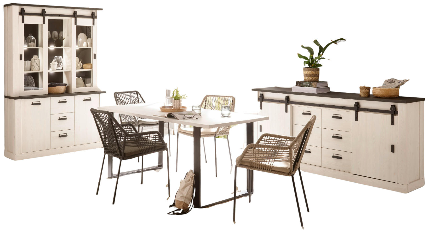 ESSZIMMER-SET weiß Pinie, anthrazit, Speisezimmer 3-teilig mit Buffetschrank, Esstisch, Sideboard - Anthrazit/Weiß, Holzwerkstoff (334/201/80cm) - Furn.Design