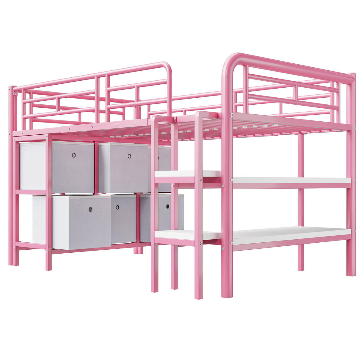 HOCHBETT 90/200 cm in Rosa mit Schubladen, Regalen und breiter Treppe - Rosa, Holzwerkstoff/Metall (90/200cm) - CHICFURN