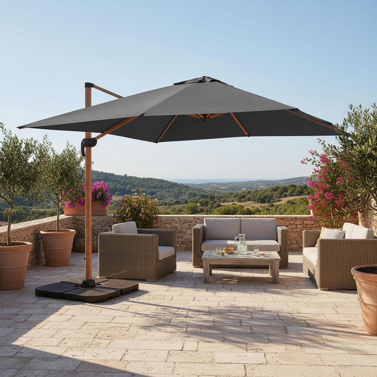 SONNENSCHIRM 3x3m mit 4 Gewichtsplatten, Grau - Grau, Metall (300/300cm) - Oviala