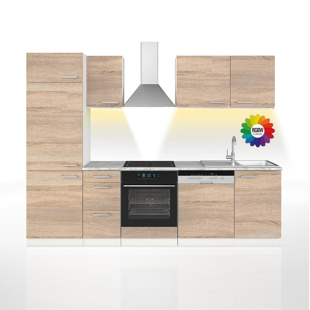 KÜCHENZEILE Optima Sonoma 270 cm ohne AP mit LED-Leisten - Weiß/Sonoma Eiche, Holzwerkstoff (270/81.6/46cm) - Vicco