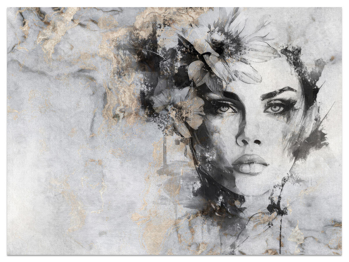 FOTOTAPETE für Wohnzimmer Frau Porträt Beton Blumen Modern 400x280 - Goldfarben/Schwarz, Papier (400/280cm) - Muralo