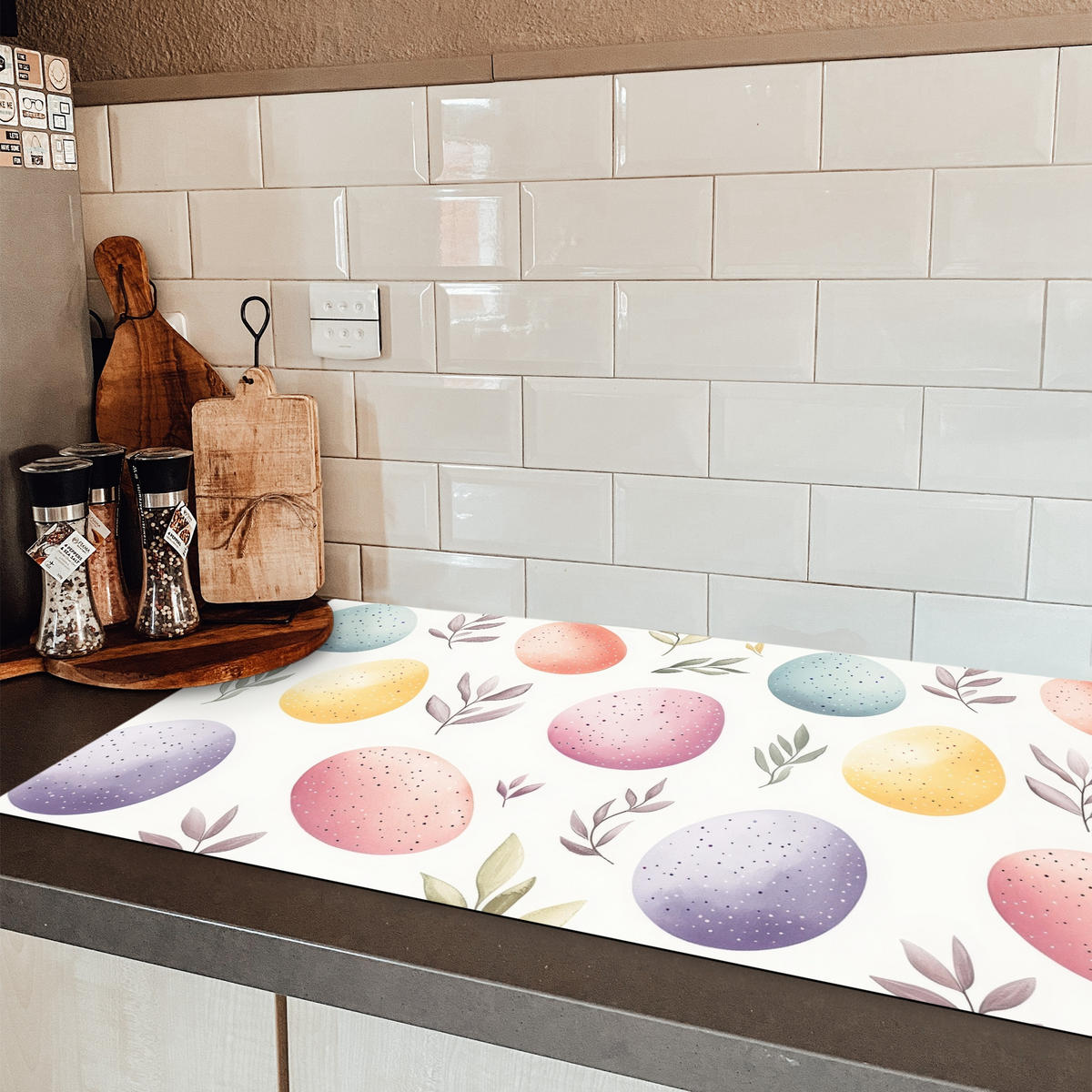 HERDABDECKPLATTE Eier - Bunt - Muster Induktionsschutz 91.2x52 cm - Weiß, Kunststoff (91.2/52/0.2cm) - MuchoWow