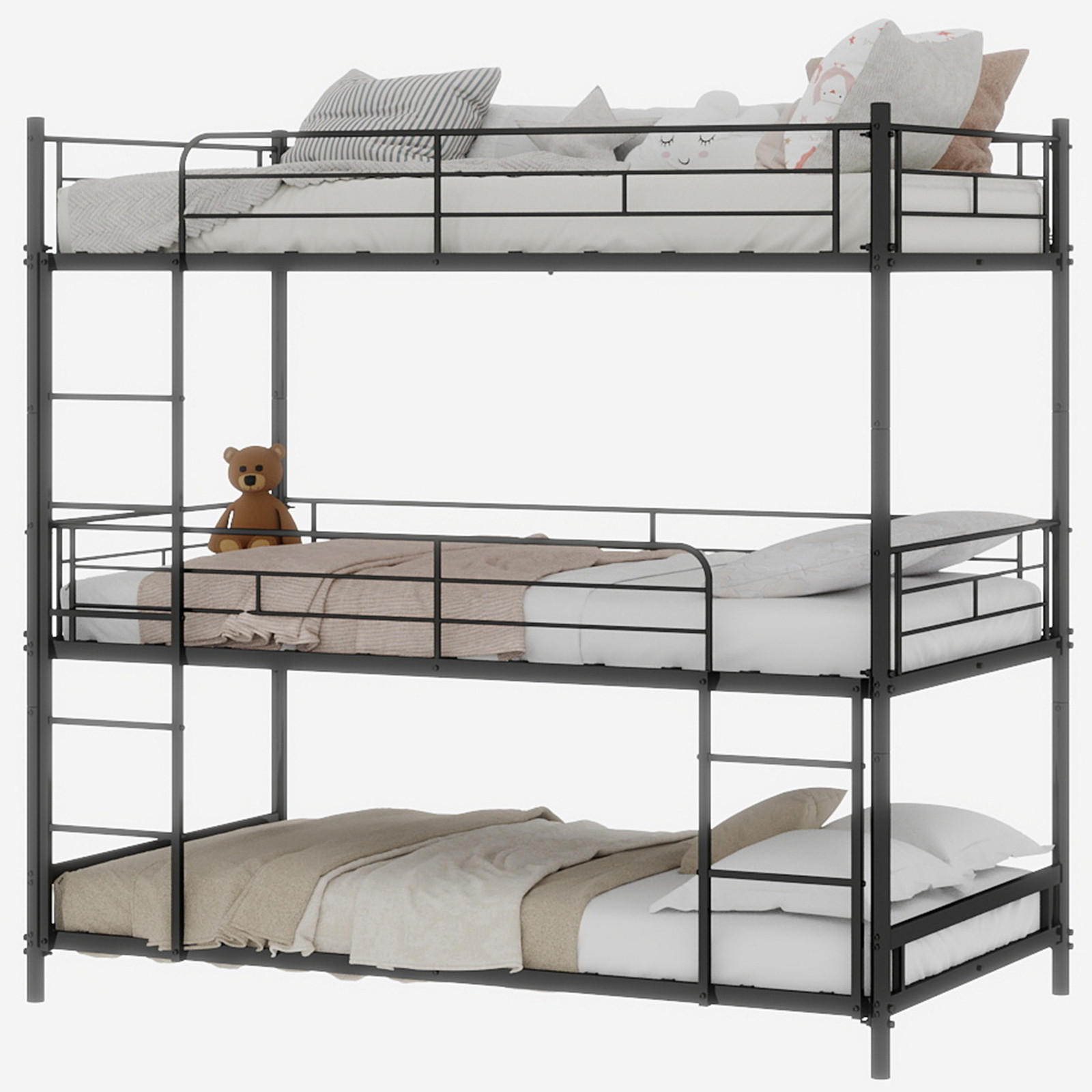 ETAGENBETT Dreifach mit Leitern Metall Schwarz - Schwarz, Holz (90/190cm) - Meubliv