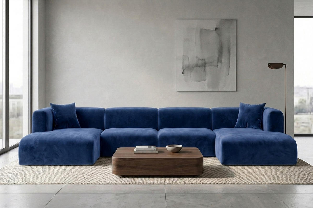 ECKSOFA U-Form, Velvet-Stoff Bluvel, Tintenblau, GRETA - Blau, Holz (408/70/179cm) - Kaiser Möbel