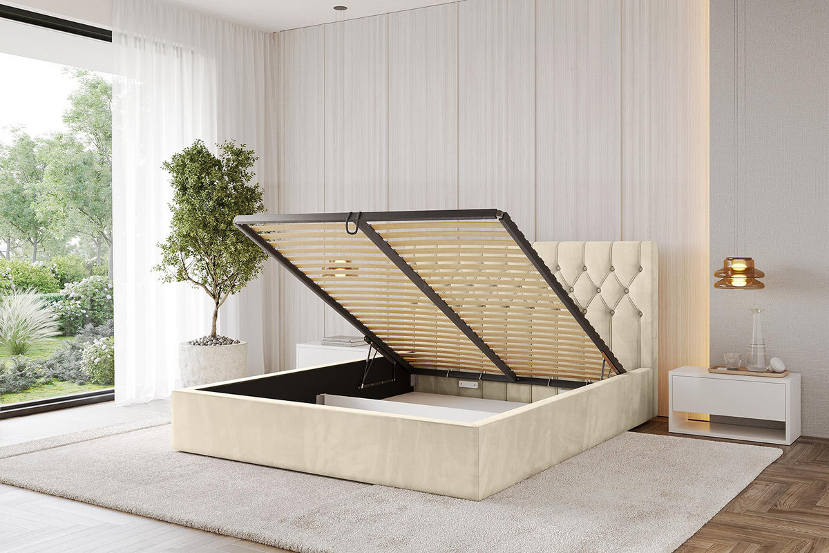 POLSTERBETT mit Bettkasten und Lattenrost, Bett mit Matratze H3/H4 - RENO 160x200 Beige - Ecru, Holzwerkstoff/Textil (160/200cm) - ALTDECOR
