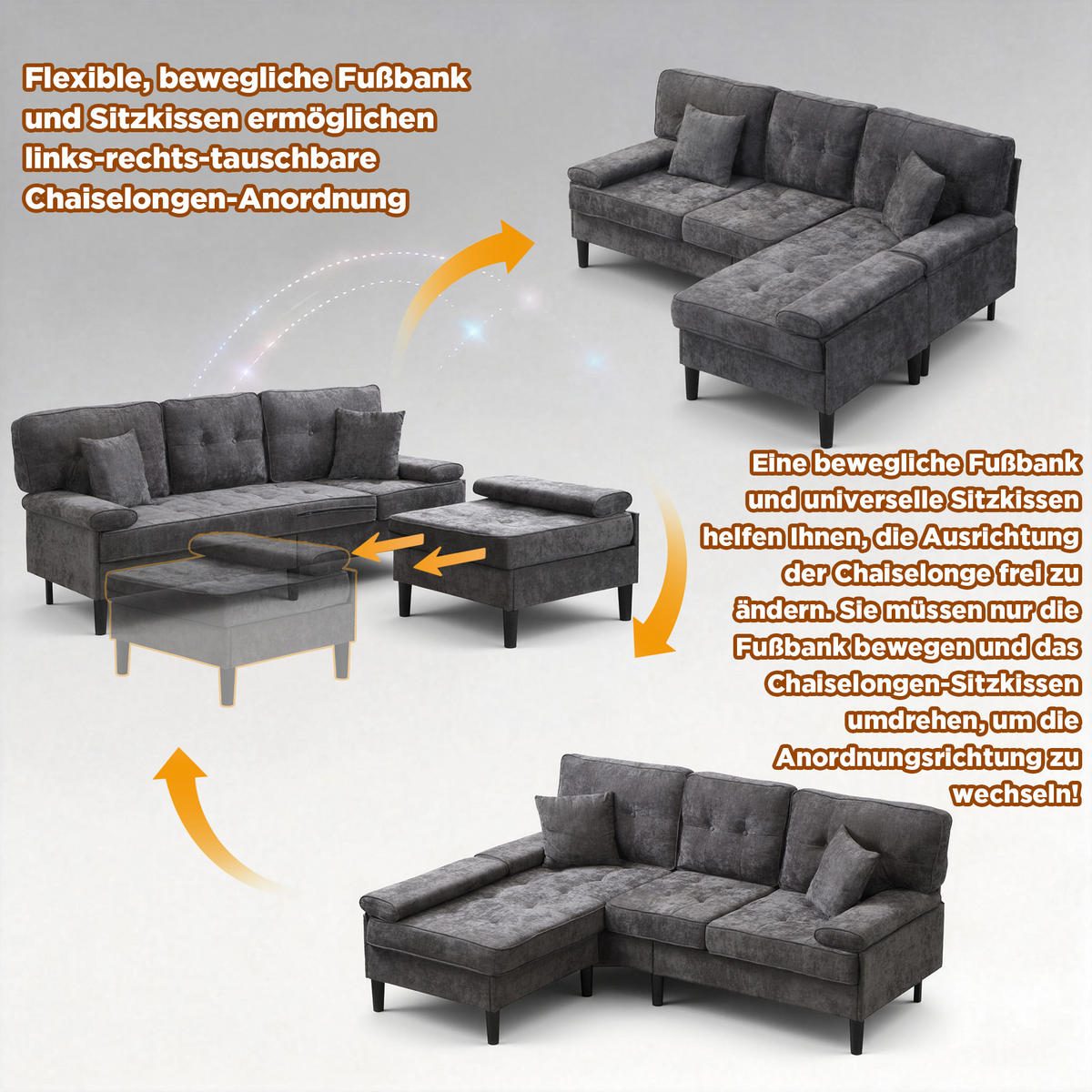 ECKSOFA Chenille mit modularer Fußbank 195/149/86 cm Grau - Grau, Textil (149/195cm) - Redom