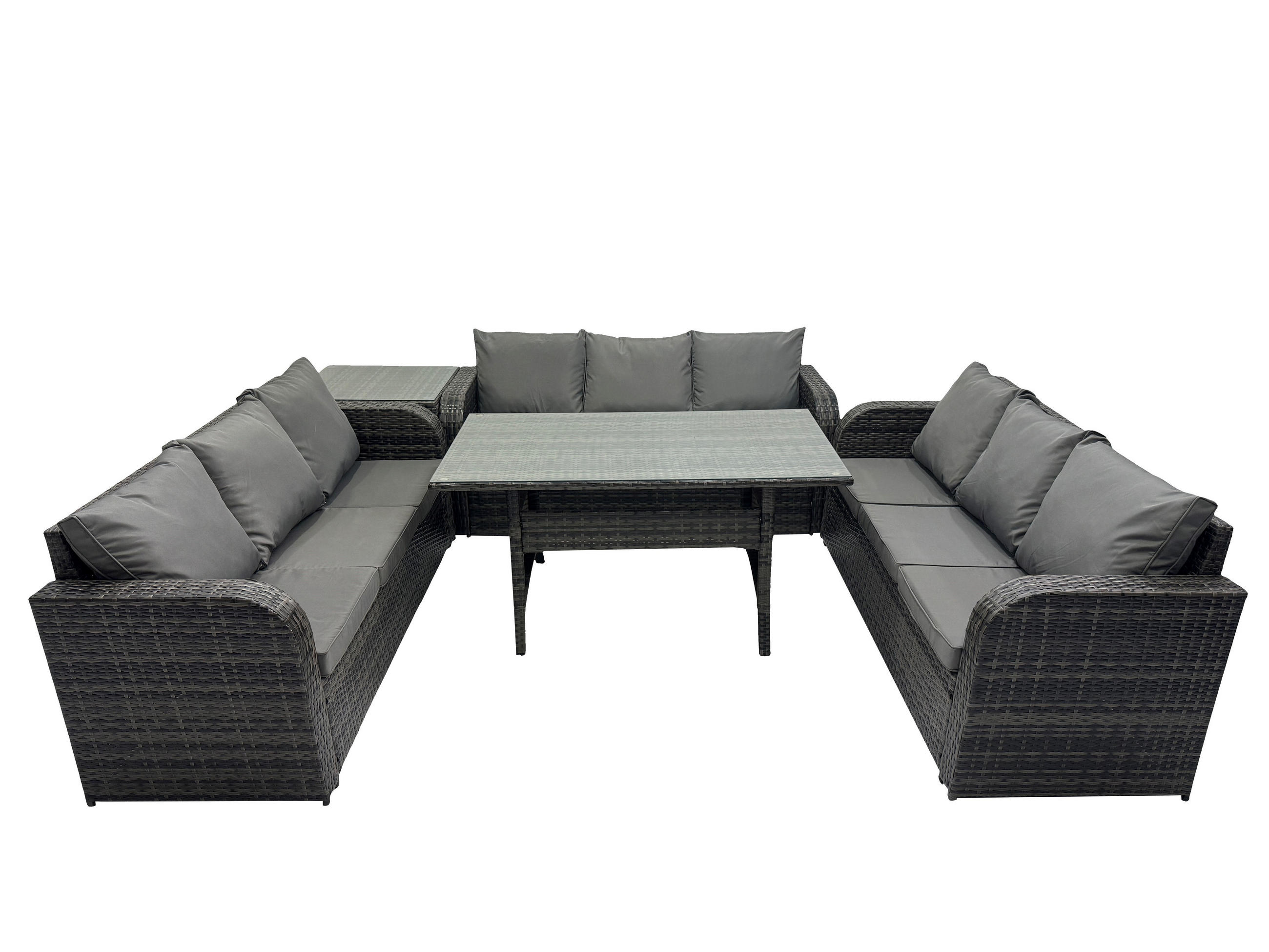 GARTENTISCHGRUPPE mit Beistelltisch Polyrattan Dunkelgrau 9-Sitzer - Dunkelgrau/Grau, Glas/Kunststoff - Fimous