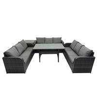 GARTENTISCHGRUPPE mit Beistelltisch Polyrattan Dunkelgrau 9-Sitzer - Dunkelgrau/Grau, Glas/Kunststoff - Fimous