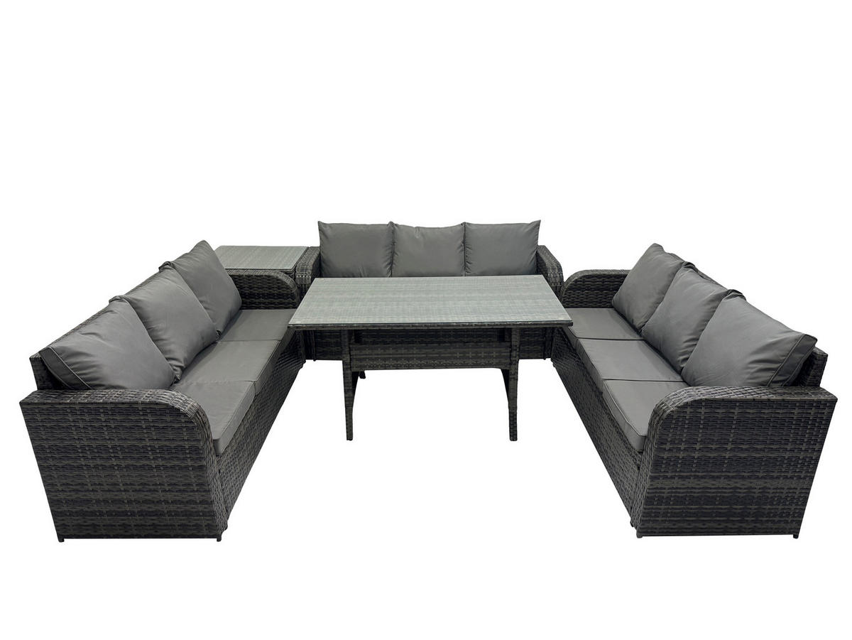 GARTENTISCHGRUPPE mit Beistelltisch Polyrattan Dunkelgrau 9-Sitzer - Dunkelgrau/Grau, Glas/Kunststoff - Fimous