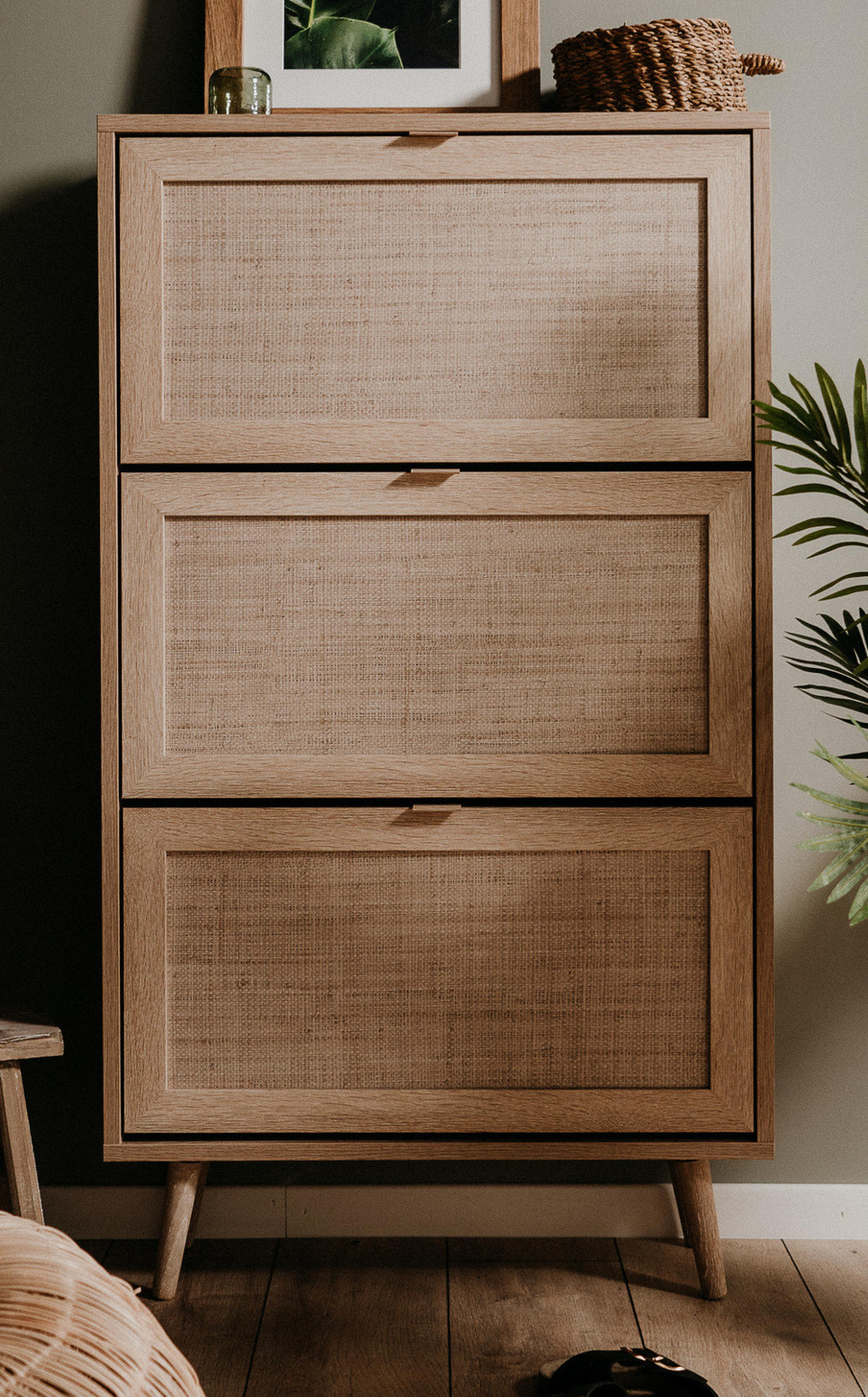 SCHUHKIPPER Eiche Sonoma, Bast-Dekor 70 cm, Schuhschrank mit 3 Kippern - Eichefarben, Holz/Holzwerkstoff (70/125/24cm) - Furn.Design