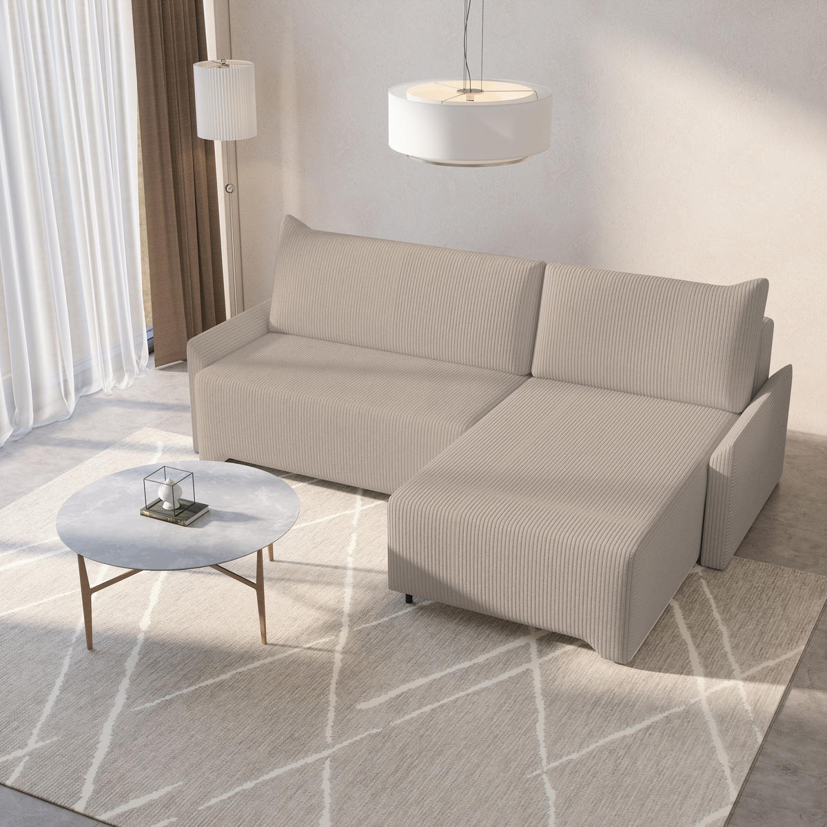 ECKSCHLAFSOFA - Rocky - Rechts, Beige (Poso 02) - Beige/Schwarz, Holzwerkstoff/Metall (245/174cm) - Möblo