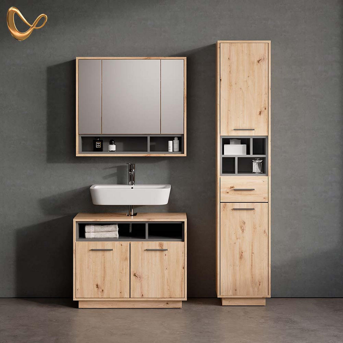 BADSCHRANK Temo Artisan Eiche/Anthrazit 38 x 190 cm mit Türen, Schublade und offenen Fächern - Anthrazit/Eiche Artisan, Holzwerkstoff (38/190/30cm) - Livinity®