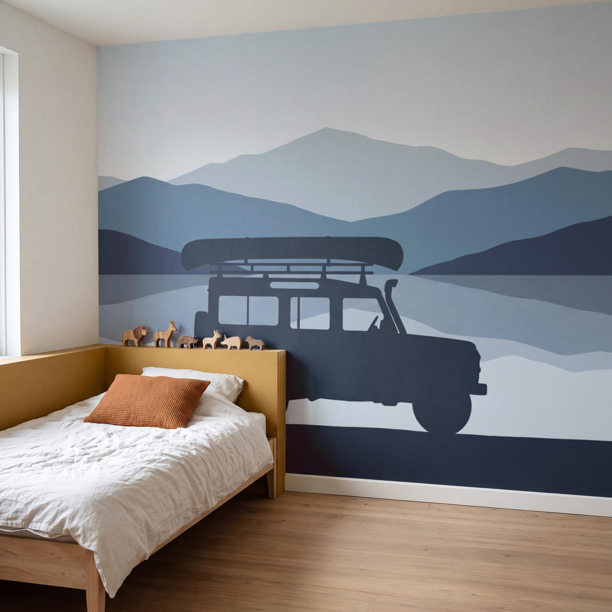KINDERTAPETE - Auto - See - Berge - Blau - 280x240 cm - Blaugrau, Papier (280/240cm) - OnlyWow