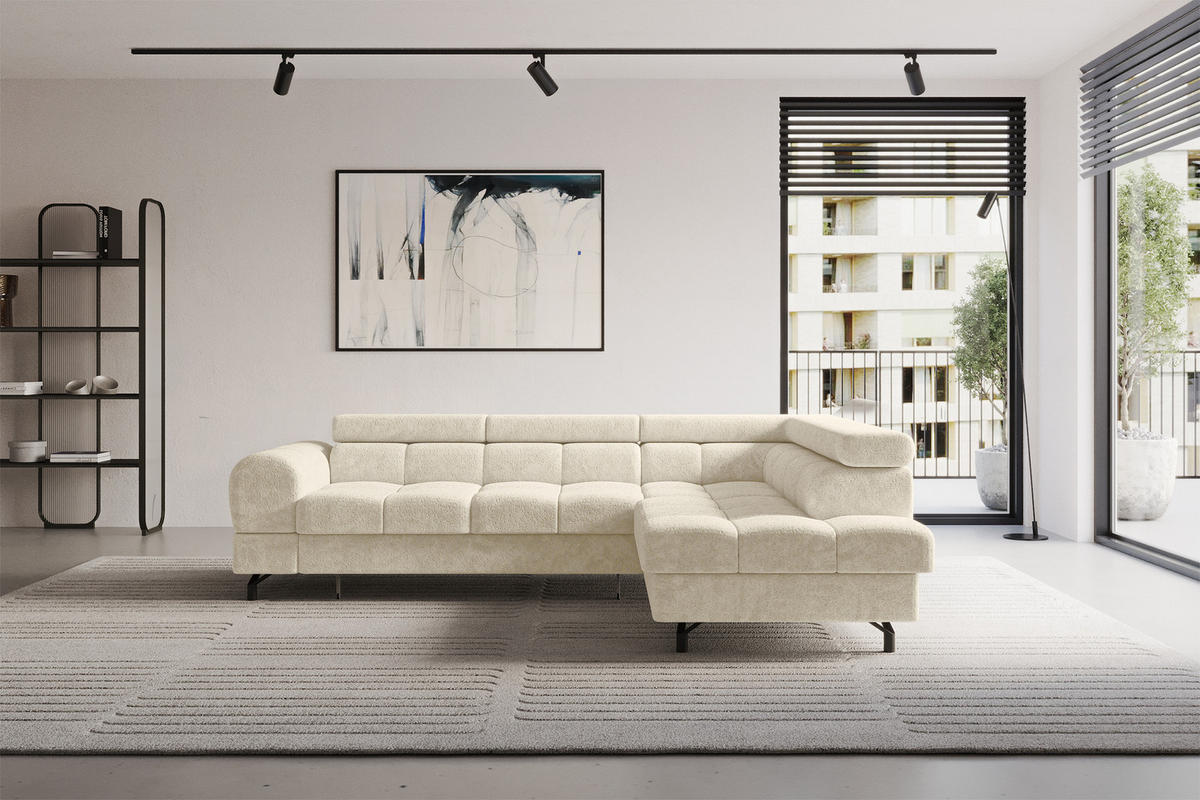 ECKSOFA mit Schlaffunktion Ottomane Rechts LUMA-L 272x203x70 Creme Velours - Creme/Schwarz, Holzwerkstoff/Kunststoff (203/272cm) - ALTDECOR