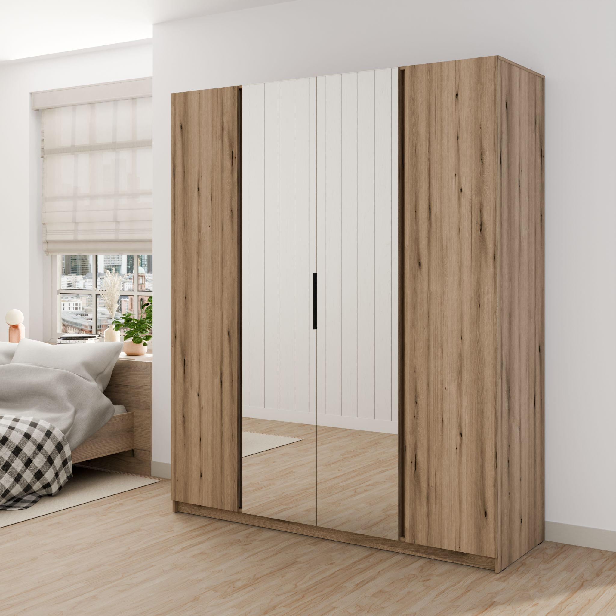 DREHTÜRENSCHRANK CAGLIARI 200/239/61,9cm 4-türig mit Spiegel Goldfarben - Goldfarben, Holzwerkstoff (200/239/61.9cm) - MASSENO