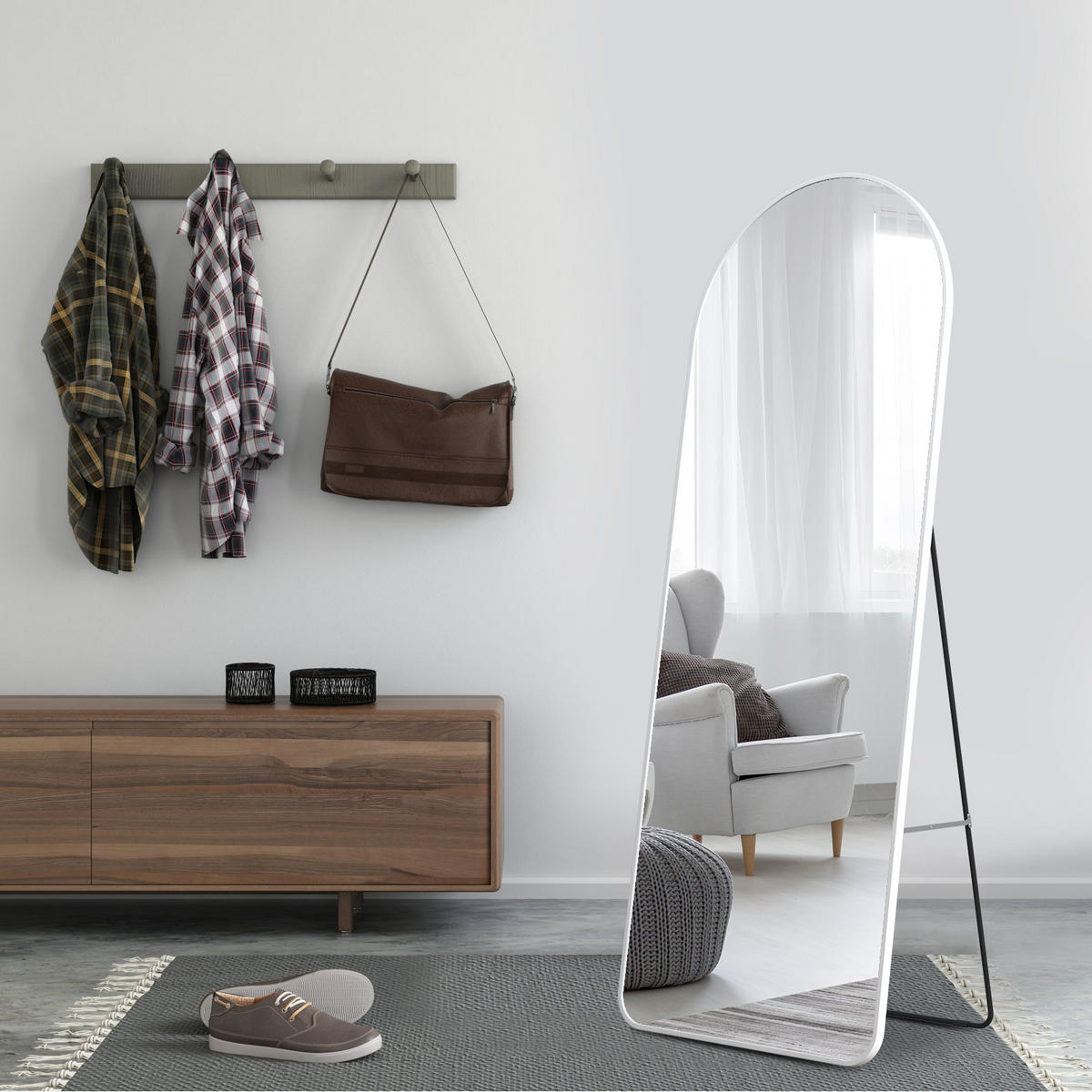 STANDSPIEGEL mit Rahmen Gehärteter Silberspiegel Weiß 160/60 cm - Weiß, Glas/Metall (60/160/160cm) - EMKE