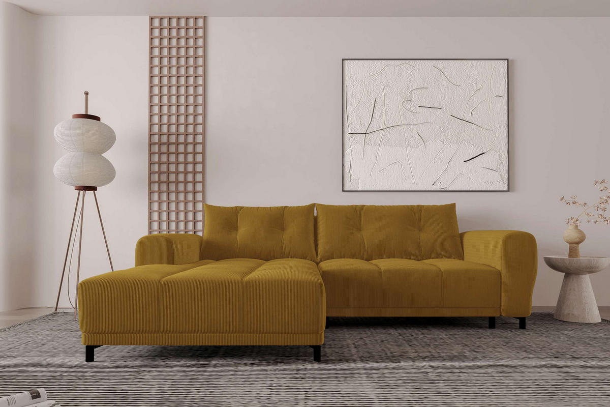 ECKSOFA Massimo Cordstoff Goldfarben inkl. Schlaffunktion Links - Goldfarben/Schwarz, Textil/Metall (246/177cm) - 99rooms
