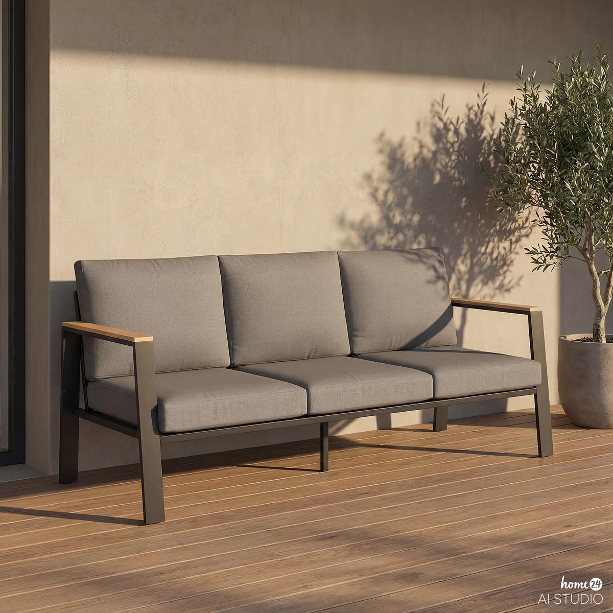 3-SITZER LOUNGESOFA - Aluminium / Polyester - Anthrazit - Anthrazit/Braun, Holz/Textil (191/74/75cm) - home24