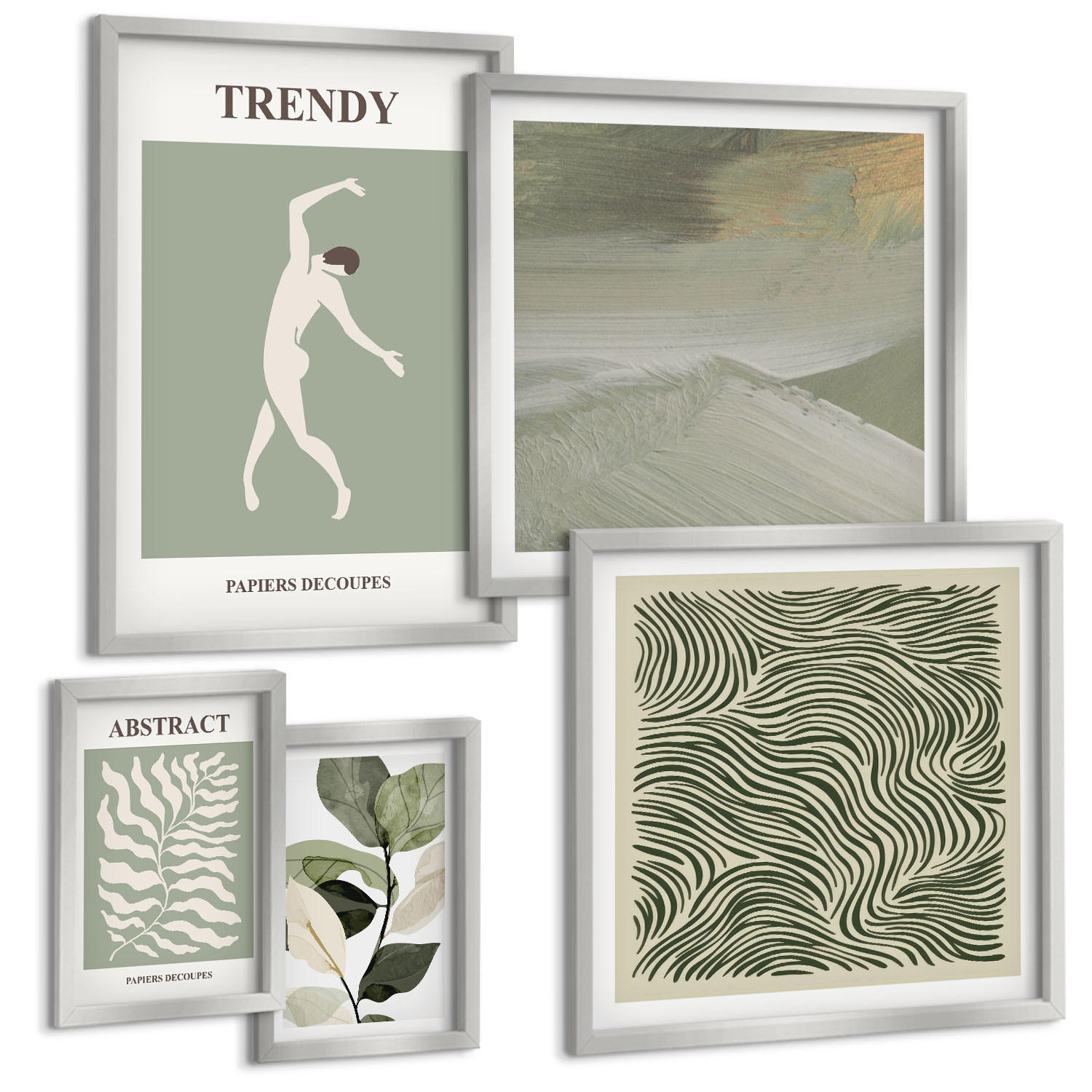BILDER SET 5er Set - 50x50 cm & 20x30 cm & 40x60 cm Silberner Rahmen - Abstrakte Pflanzenmuster - Silberfarben, Kunststoff (40/60cm) - TULUP