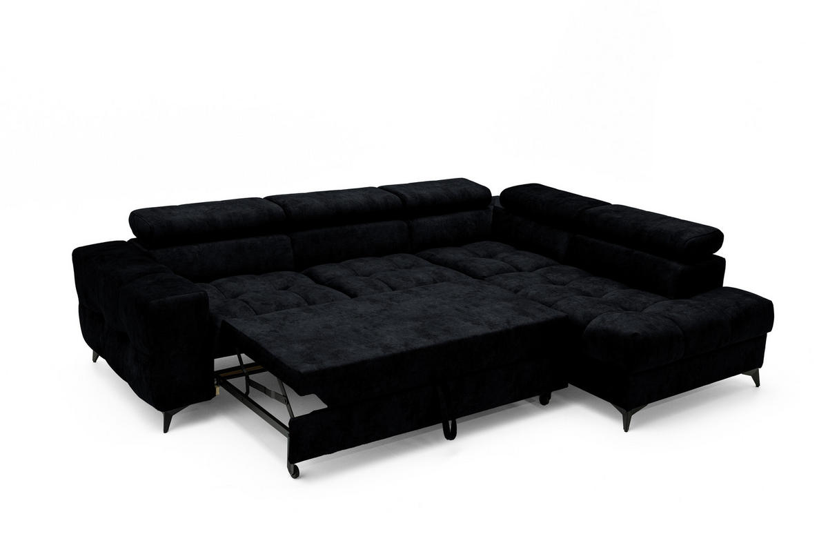ECKSOFA PUDDING L Rechts mit Schlaffunktion 128x197 Velours Schwarz - Schwarz, Holz/Textil (204/270cm) - Muffo