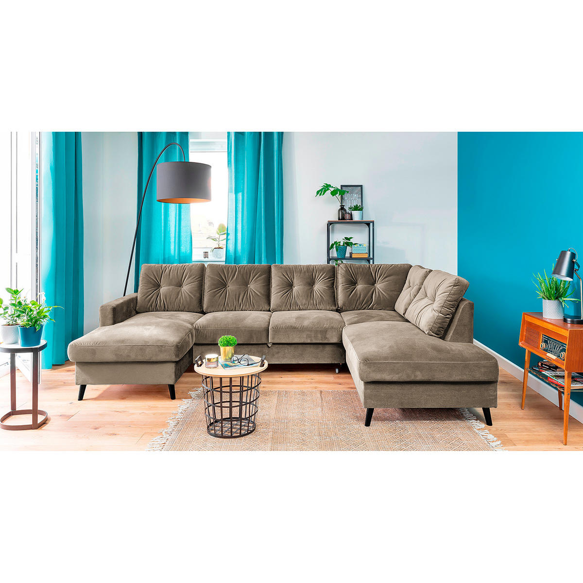 WOHNLANDSCHAFT mit Longchair - Schwarz/Cappuccino, Buchenholz/Textil (297/90/200cm) - home24