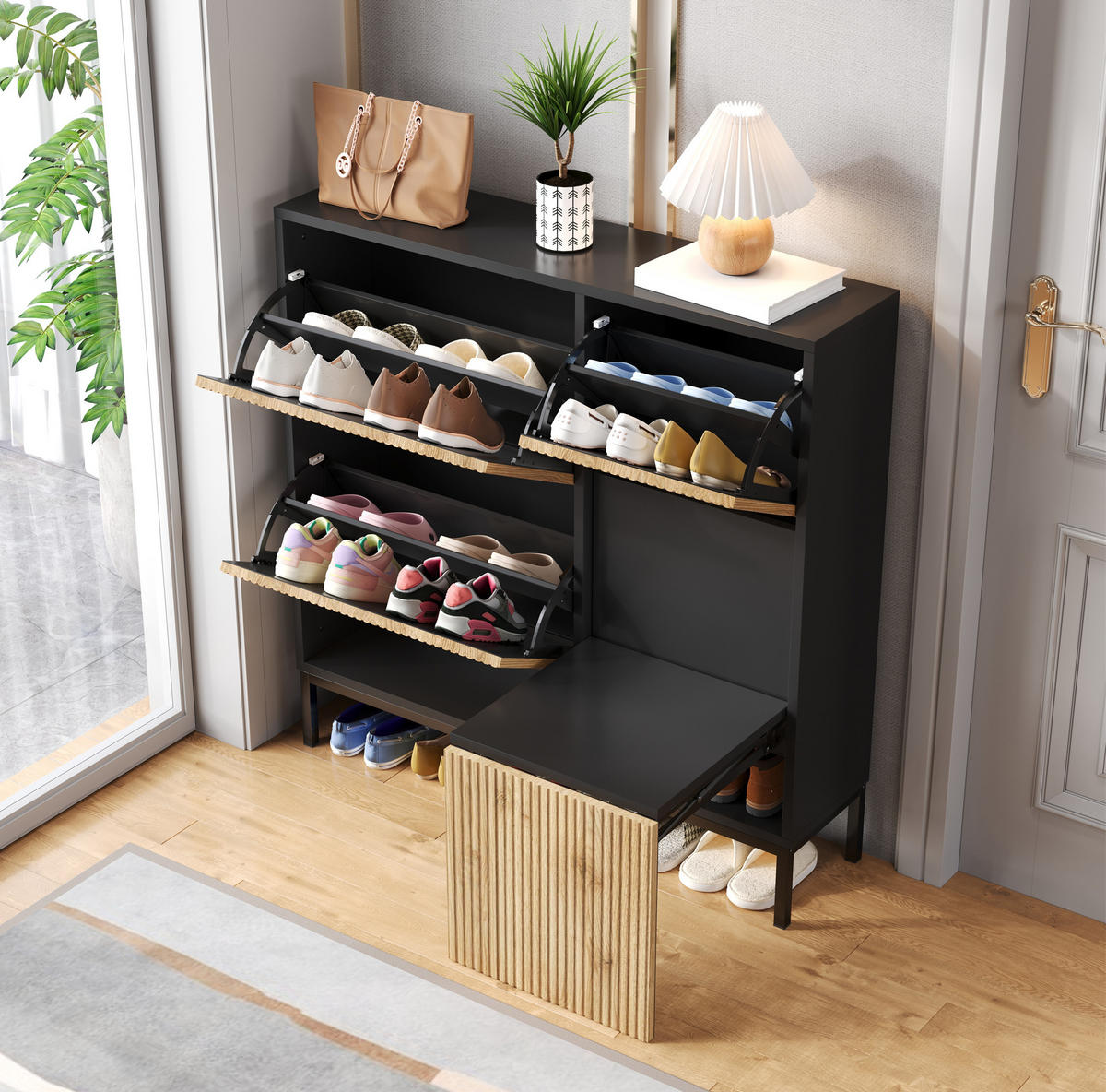 SCHUHSCHRANK mit 2 Schubladen und 2 Türen, strukturierte Paneele mit vergoldeten Akzenten, 100/25/100 cm, Schwarz und Holzfarbe - Naturfarben, Holzwerkstoff (100/25/100cm) - Redom