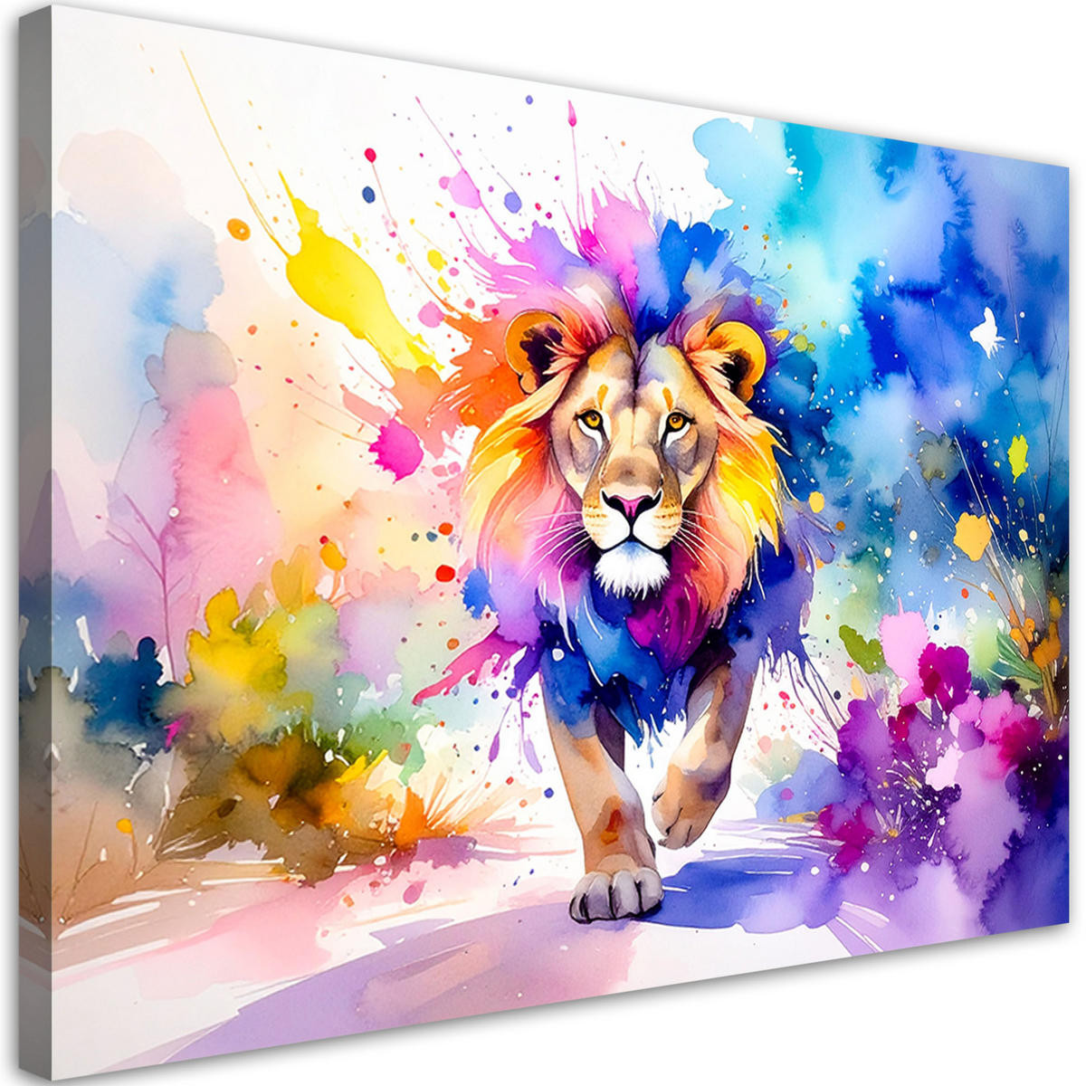 LEINWANDBILD Bunter Löwe im Dschungel Aquarell 120x80cm - Multicolor, Textil (120/80cm) - Feeby