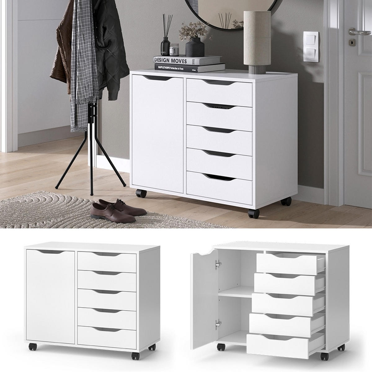 KOMMODE Otwin Weiß 78 x 61.5 cm mit 5 Schubladen und 1 Tür - Weiß, Holzwerkstoff (40.6/61.5/78cm) - Vicco