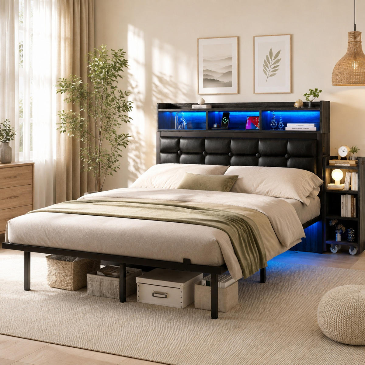 ČALOUNĚNÁ POSTEL 140/190 cm v šedé barvě s LED, USB a USB-C - šedá, kov/kompozitní dřevo (140/190cm) - CHICFURN